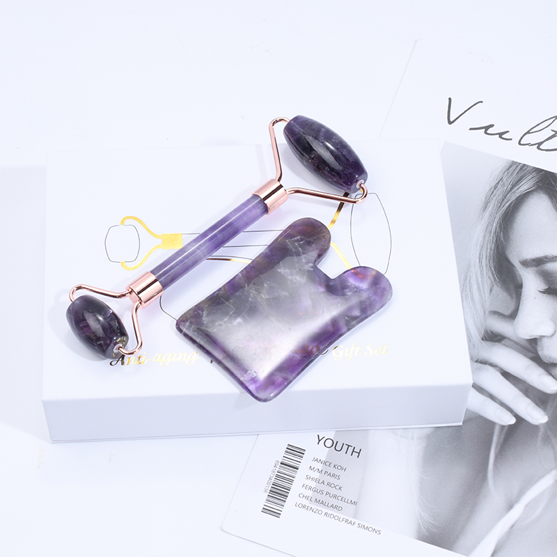 100% Natural Amethyst Jade Roller Gua Sha Set Private Label Custom Purple Facial Roller Gua Sha Stone Kits Logo For Face Skin Massage 