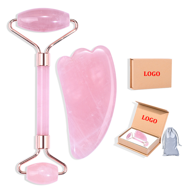 High Quality Rose Quartz Jade Roller Gua Sha Set Natural Pink Quarttz Face Roller And Horn Shaped Gua Sha Stone Beauty Facial Massager Set with Box
